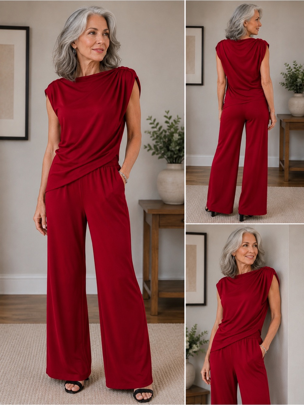 Asymmetrical Red Two Piece Lounge Set Small Wide Leg Pants